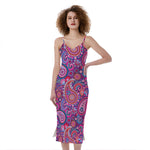 Purple And Pink Paisley Pattern Print Slim Fit Midi Cami Dress