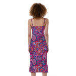 Purple And Pink Paisley Pattern Print Slim Fit Midi Cami Dress