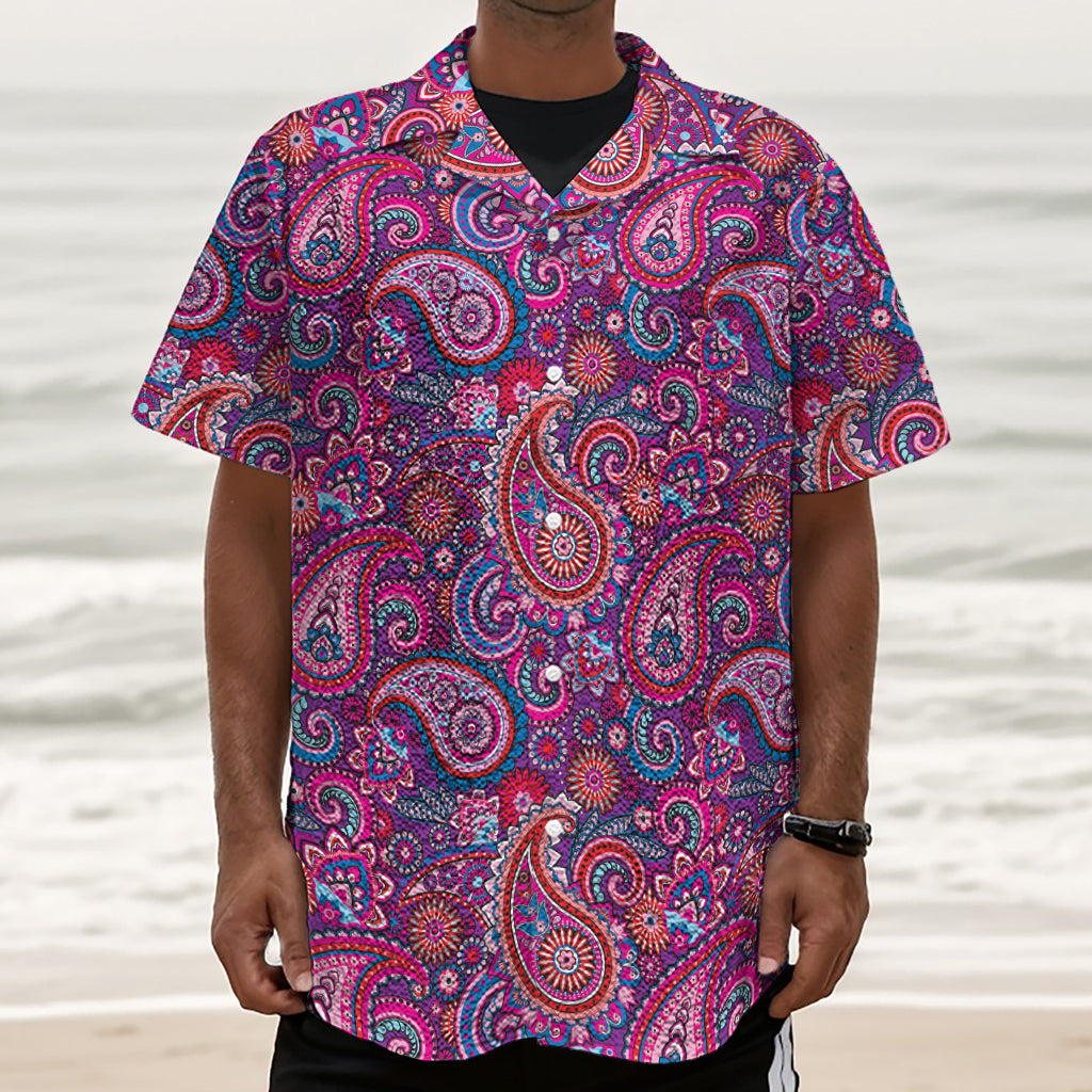 Purple And Pink Paisley Pattern Print Textured Short Sleeve Shirt