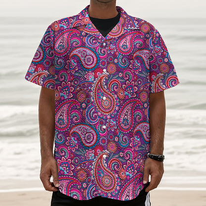 Purple And Pink Paisley Pattern Print Textured Short Sleeve Shirt