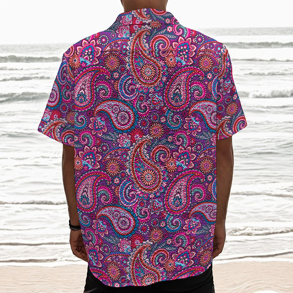 Purple And Pink Paisley Pattern Print Textured Short Sleeve Shirt