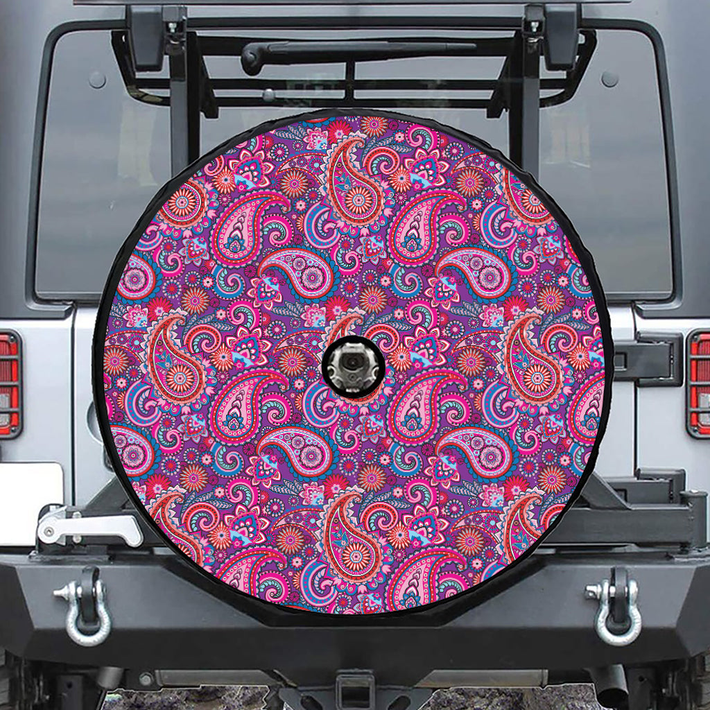 Purple And Pink Paisley Pattern Print Tire Cover With Camera Hole