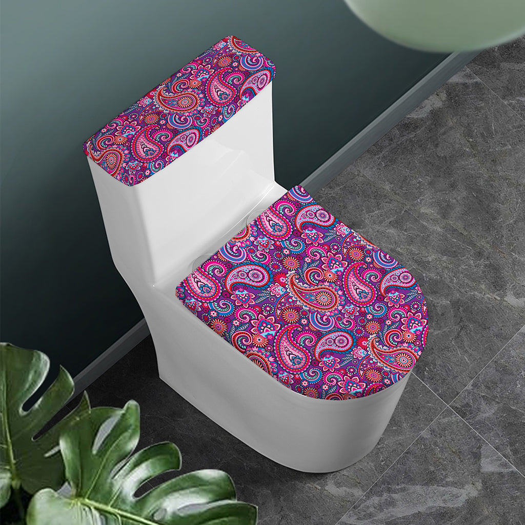 Purple And Pink Paisley Pattern Print Toilet Lid And Tank Cover Set