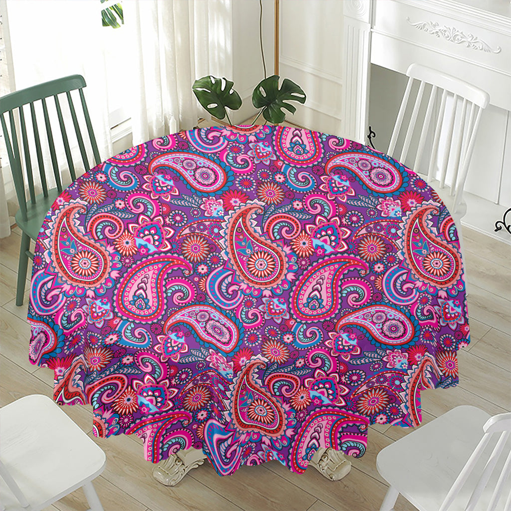 Purple And Pink Paisley Pattern Print Waterproof Round Tablecloth