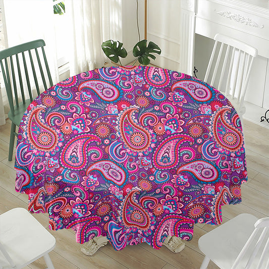 Purple And Pink Paisley Pattern Print Waterproof Round Tablecloth