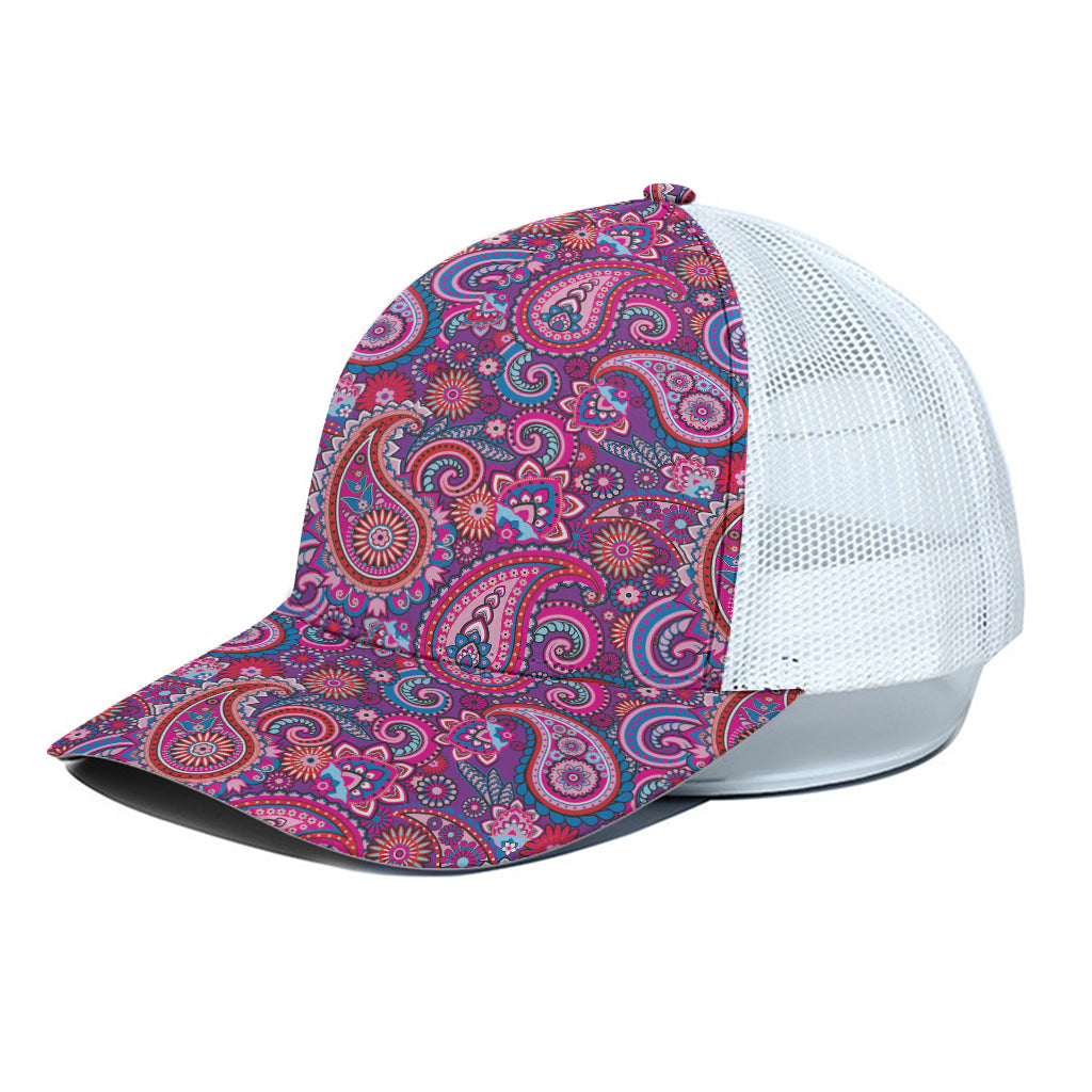 Purple And Pink Paisley Pattern Print White Mesh Trucker Cap