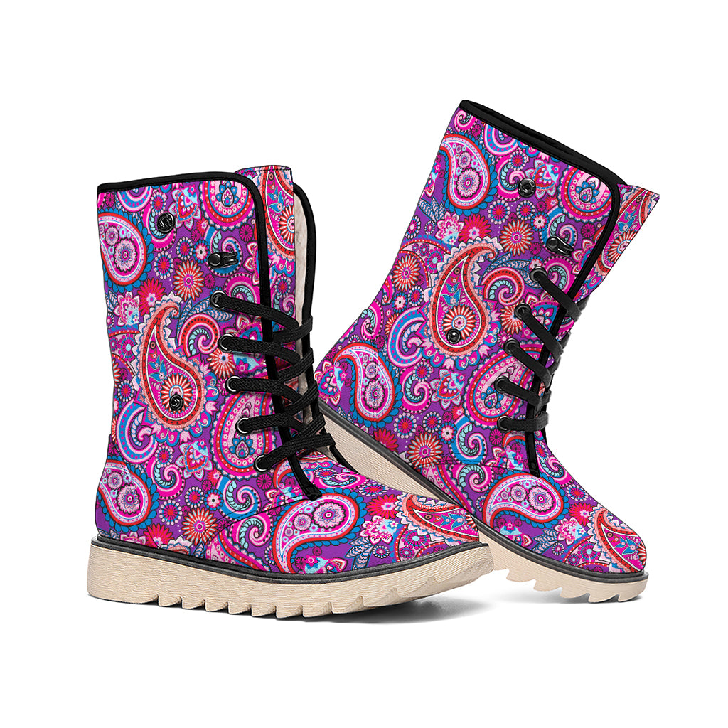 Purple And Pink Paisley Pattern Print Winter Boots