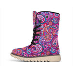 Purple And Pink Paisley Pattern Print Winter Boots