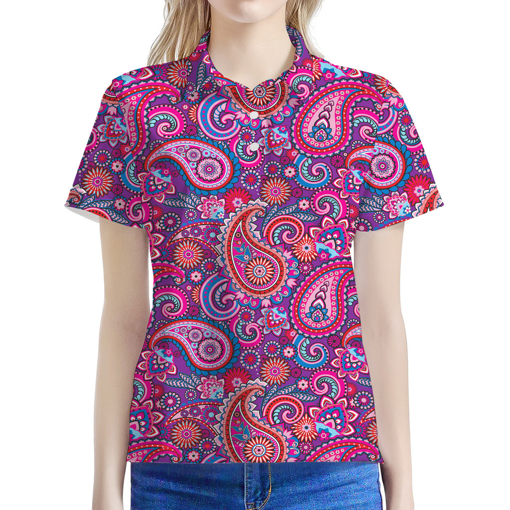 Purple And Pink Paisley Pattern Print Women's Polo Shirt