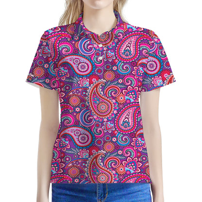 Purple And Pink Paisley Pattern Print Women's Polo Shirt