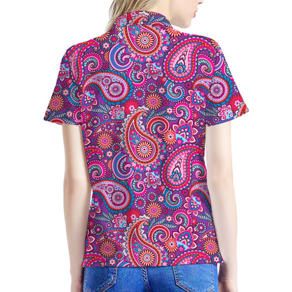 Purple And Pink Paisley Pattern Print Women's Polo Shirt