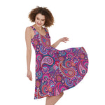 Purple And Pink Paisley Pattern Print Women's Sleeveless Dress