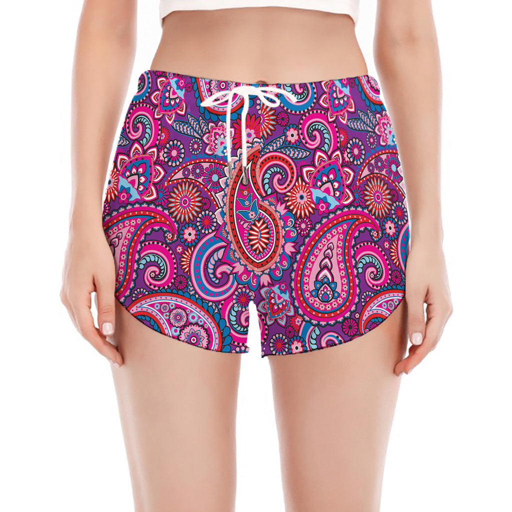 Purple And Pink Paisley Pattern Print Women's Split Running Shorts