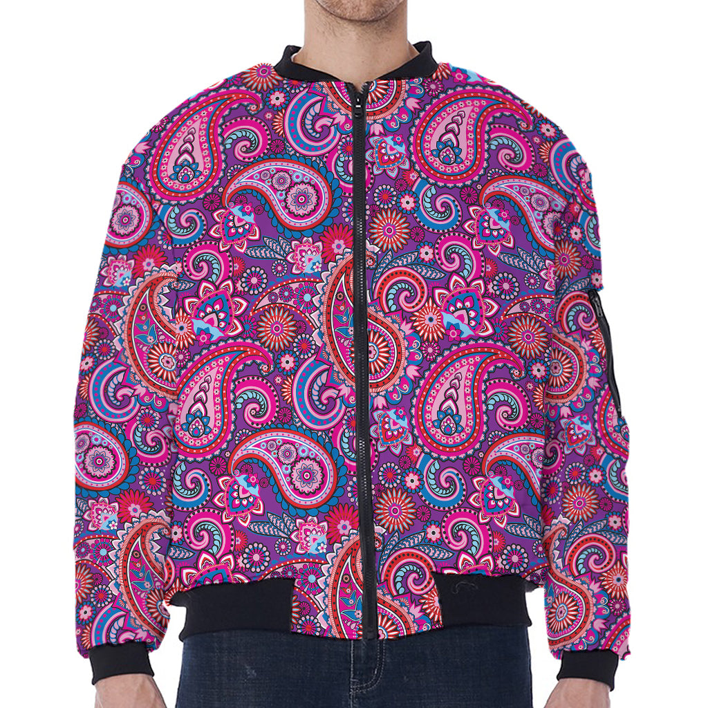 Purple And Pink Paisley Pattern Print Zip Sleeve Bomber Jacket
