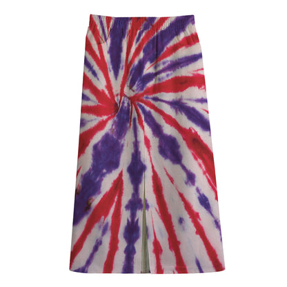 Purple And Red Spider Tie Dye Print Cotton Front Slit Maxi Skirt
