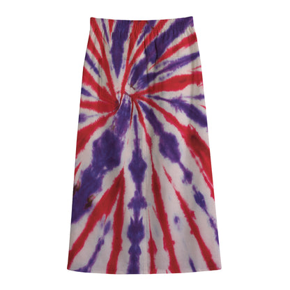 Purple And Red Spider Tie Dye Print Cotton Front Slit Maxi Skirt