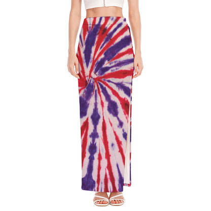 Purple And Red Spider Tie Dye Print High Slit Maxi Skirt