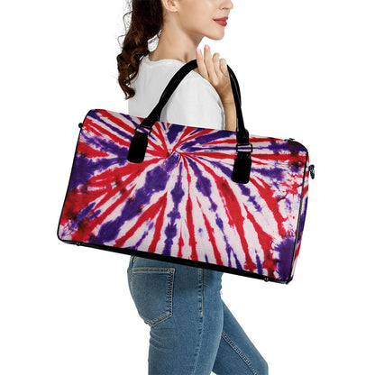 Purple And Red Spider Tie Dye Print Leather Duffle Bag
