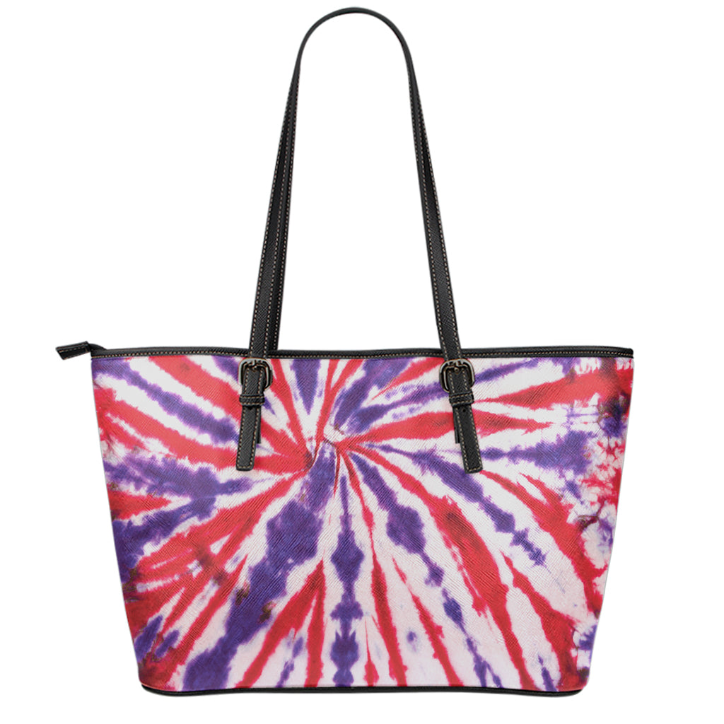 Purple And Red Spider Tie Dye Print Leather Tote Bag