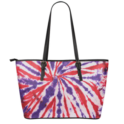 Purple And Red Spider Tie Dye Print Leather Tote Bag