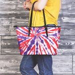 Purple And Red Spider Tie Dye Print Leather Tote Bag