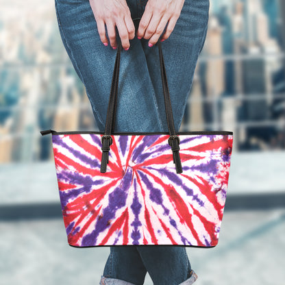 Purple And Red Spider Tie Dye Print Leather Tote Bag