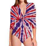 Purple And Red Spider Tie Dye Print Long Sleeve Swimsuit