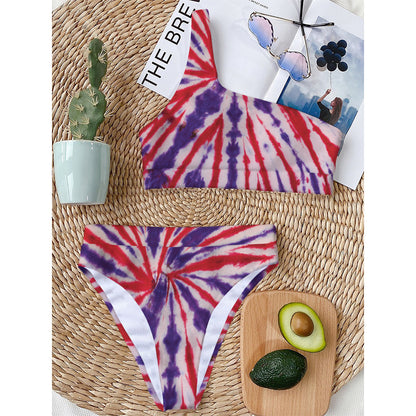 Purple And Red Spider Tie Dye Print One Shoulder Bikini Top