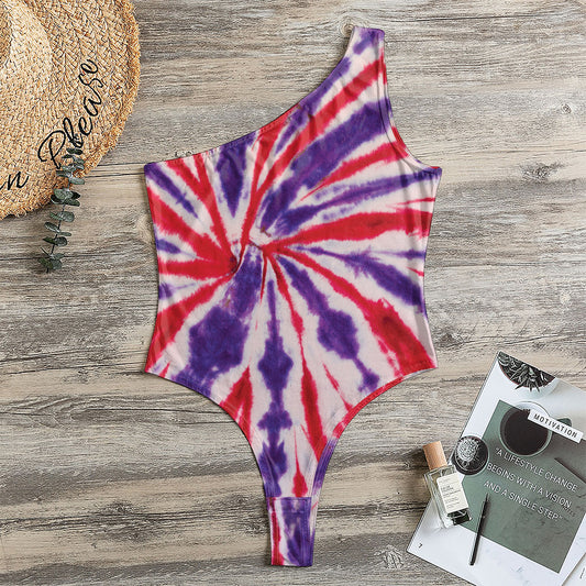 Purple And Red Spider Tie Dye Print One Shoulder Bodysuit