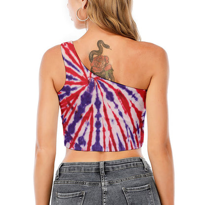 Purple And Red Spider Tie Dye Print One Shoulder Crop Top