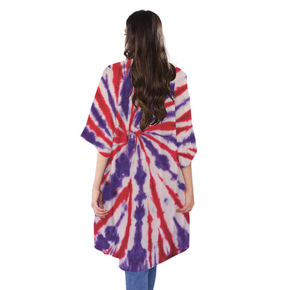 Purple And Red Spider Tie Dye Print Open Front Beach Cover Up