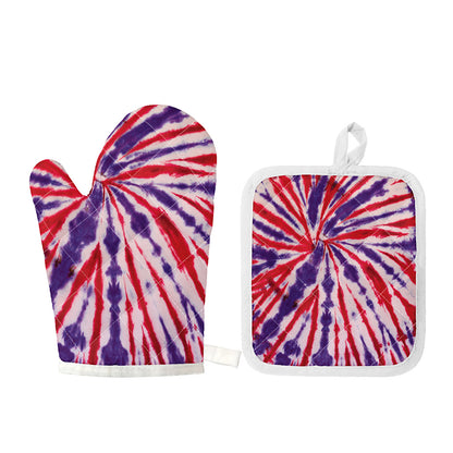 Purple And Red Spider Tie Dye Print Oven Mitt And Pot Holder Set
