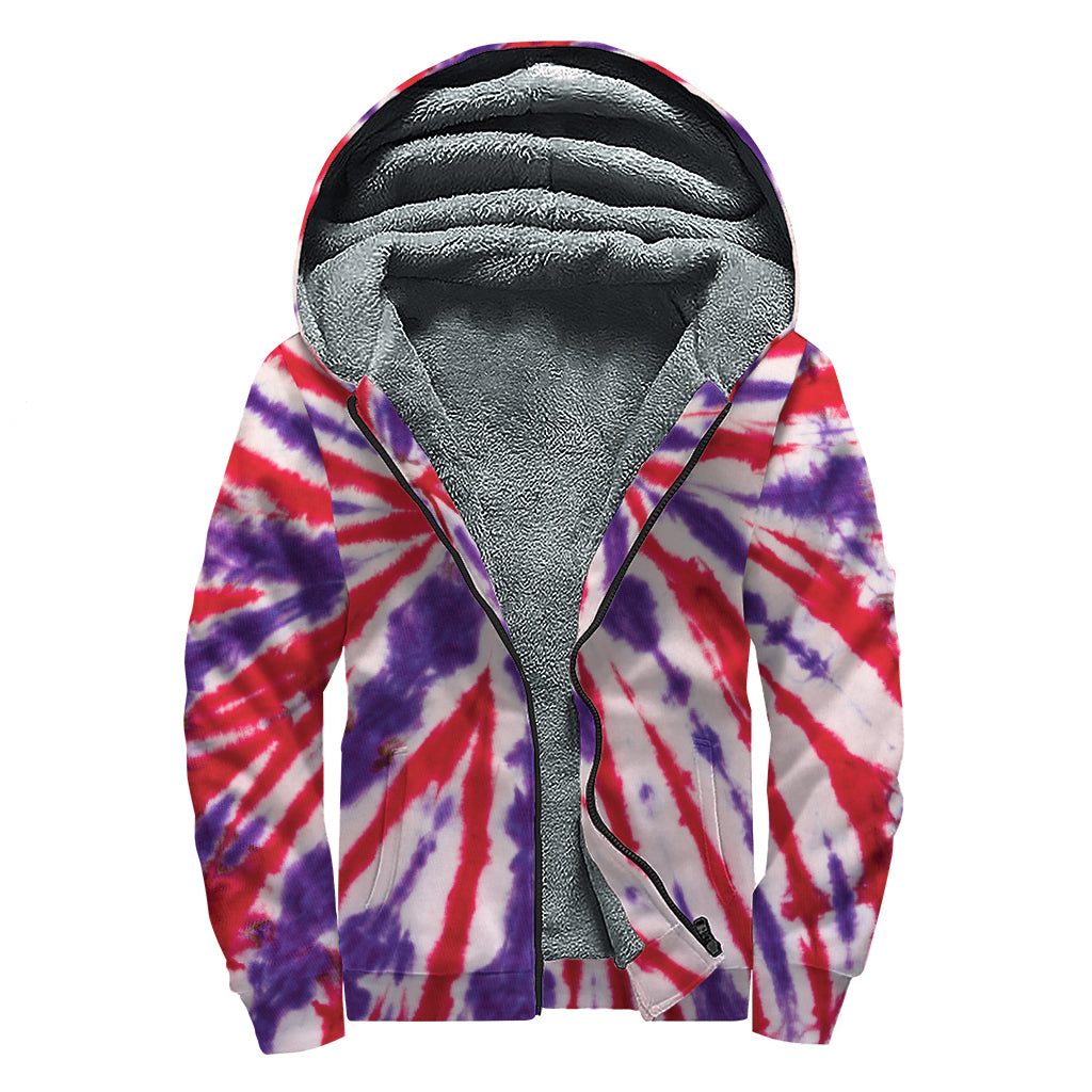 Purple And Red Spider Tie Dye Print Sherpa Lined Zip Up Hoodie