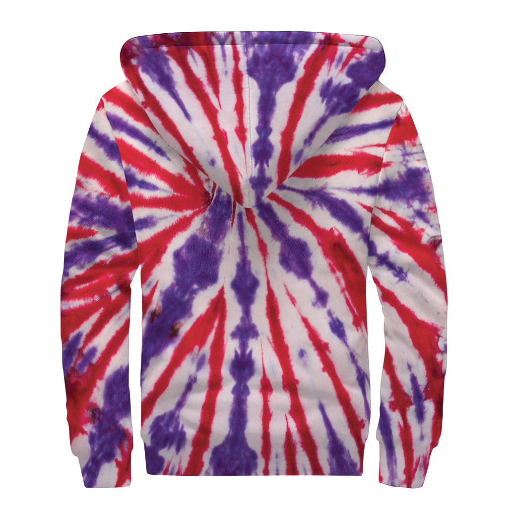 Purple And Red Spider Tie Dye Print Sherpa Lined Zip Up Hoodie