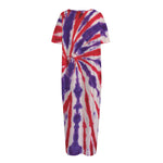 Purple And Red Spider Tie Dye Print Short Sleeve Long Nightdress