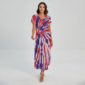 Purple And Red Spider Tie Dye Print Short Sleeve Maxi Dress