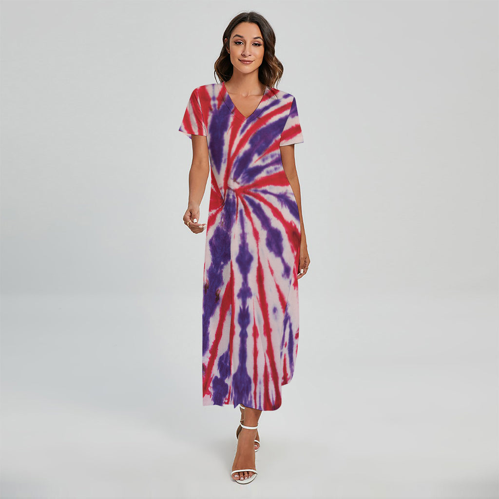Purple And Red Spider Tie Dye Print Short Sleeve Maxi Dress