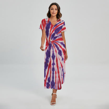 Purple And Red Spider Tie Dye Print Short Sleeve Maxi Dress