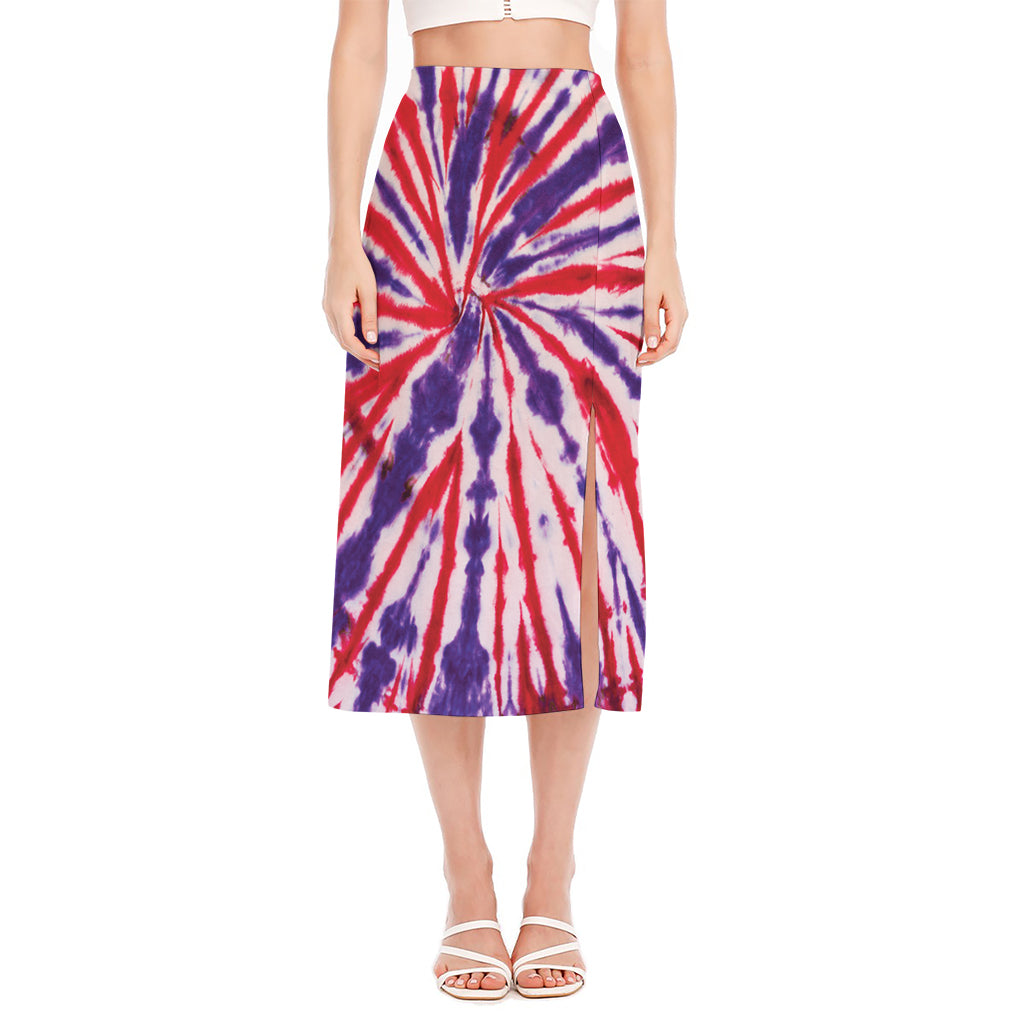 Purple And Red Spider Tie Dye Print Side Slit Midi Skirt
