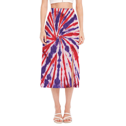 Purple And Red Spider Tie Dye Print Side Slit Midi Skirt