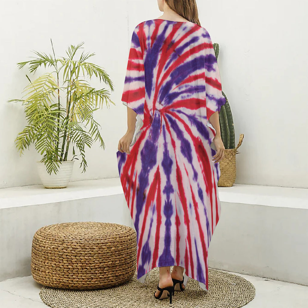 Purple And Red Spider Tie Dye Print Silk V-Neck Kaftan Dress