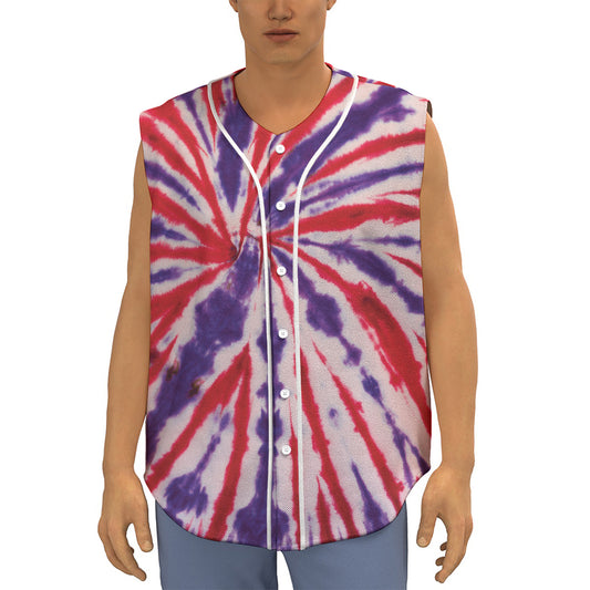 Purple And Red Spider Tie Dye Print Sleeveless Baseball Jersey