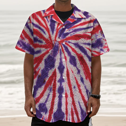 Purple And Red Spider Tie Dye Print Textured Short Sleeve Shirt