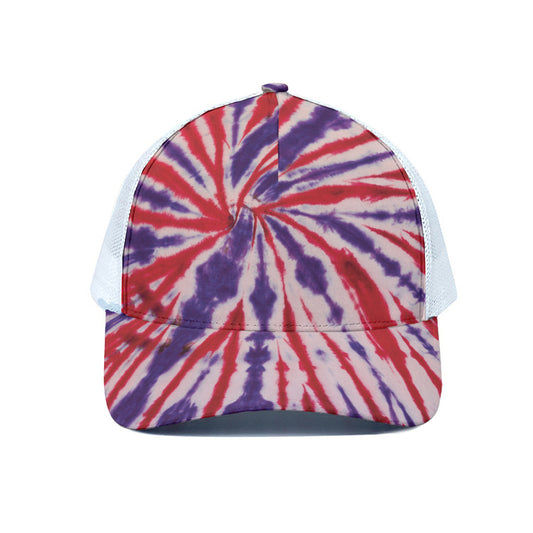 Purple And Red Spider Tie Dye Print White Mesh Trucker Cap