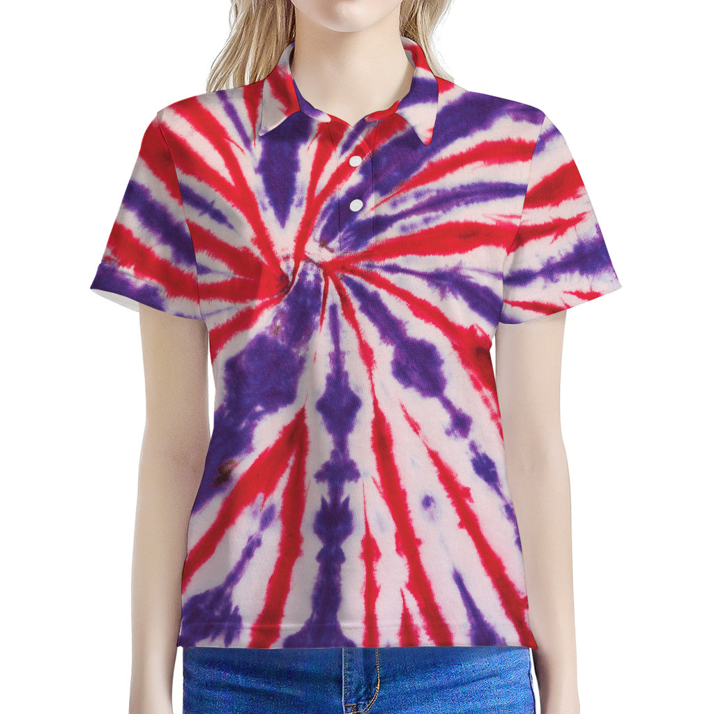 Purple And Red Spider Tie Dye Print Women's Polo Shirt
