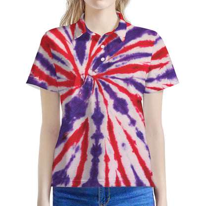 Purple And Red Spider Tie Dye Print Women's Polo Shirt