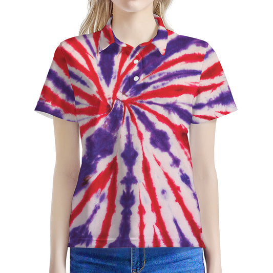 Purple And Red Spider Tie Dye Print Women's Polo Shirt