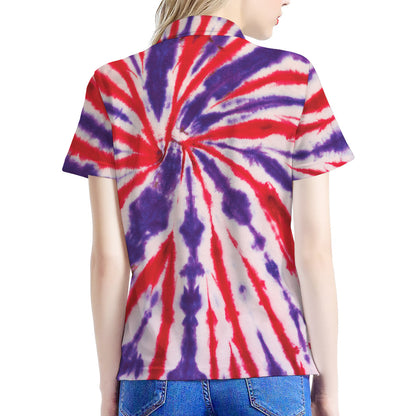 Purple And Red Spider Tie Dye Print Women's Polo Shirt