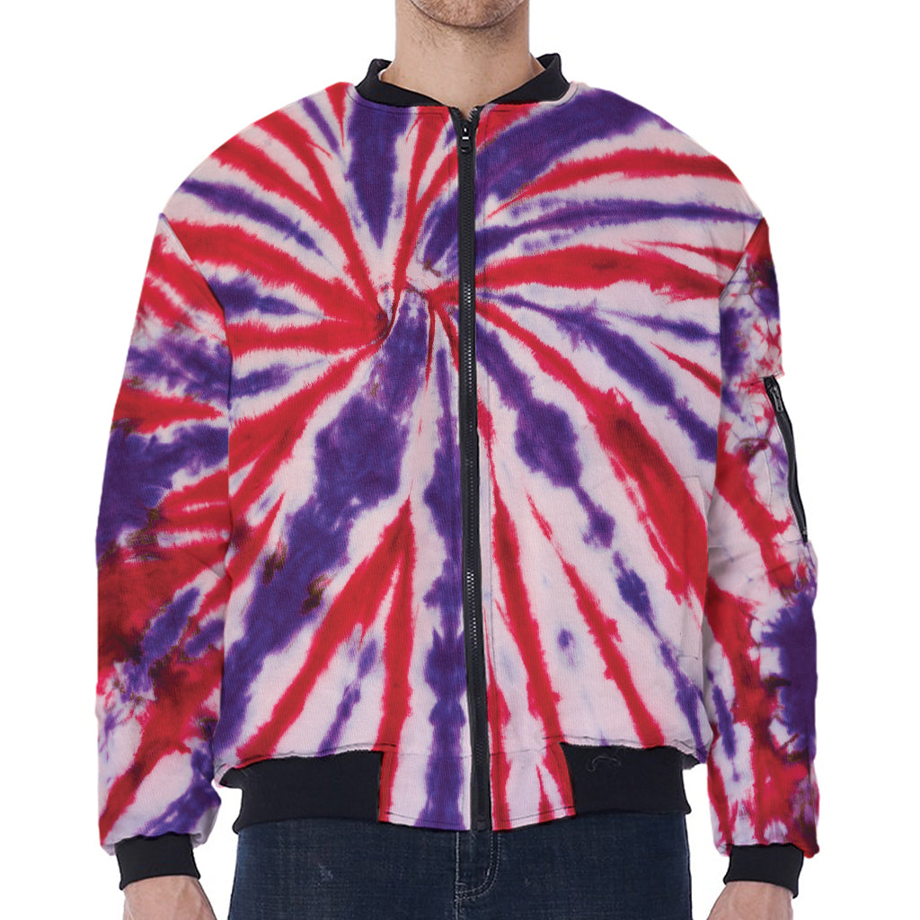 Purple And Red Spider Tie Dye Print Zip Sleeve Bomber Jacket