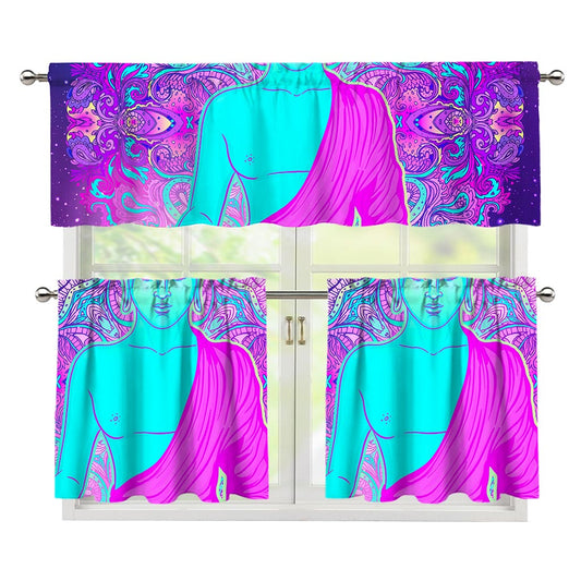 Purple And Teal Buddha Print 3 Piece Kitchen Curtains